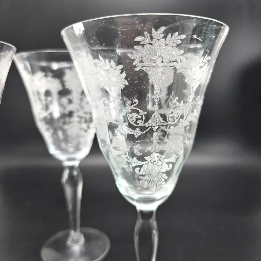 Vintage Morgantown Mayfair Etched Crystal Wine Glasses Set Of 3 Floral JJ3953